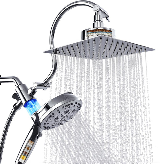 Dual Filtered Shower Head Set - High Pressure 8" Square Rain Shower with Magnetic Handheld Combo, 10-Mode Chrome Fixture with Vitamin C Filter, 12" Extension Arm